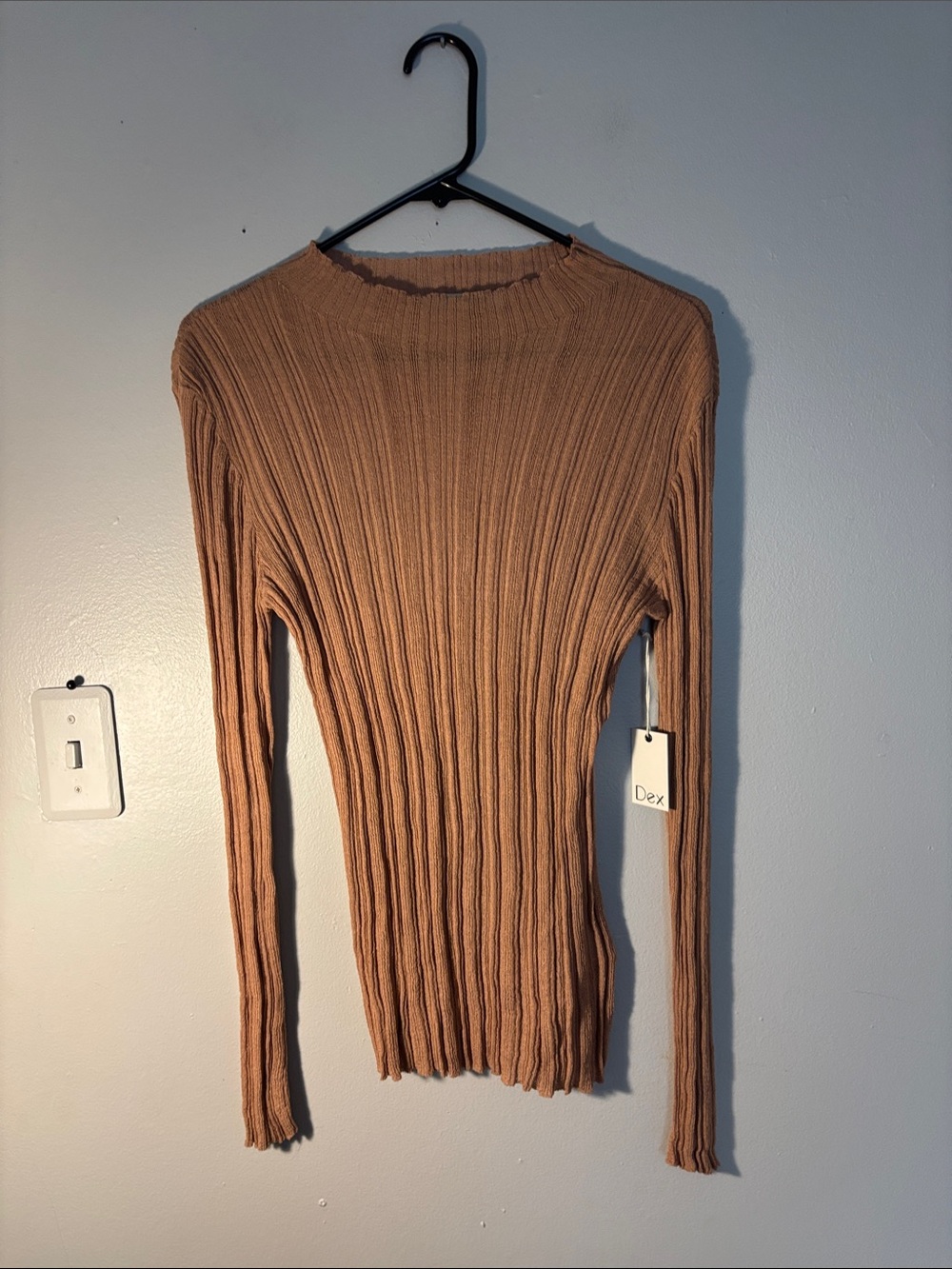 Dex Slim Ribbed Long-Sleeve Sheer Top in Camel Brown
